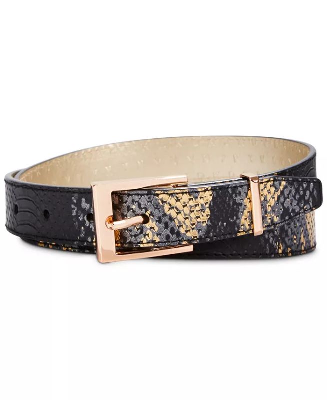Photo 1 of Size Small - DKNY Macy's Women's Metallic Snake-embossed Belt Black Gold Medium. A snake-embossed finish delivers striking style with this faux-leather belt from DKNY.