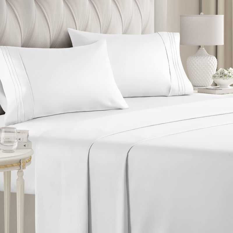 Photo 1 of KING SIZE 4 Piece sheet Set - Breathable & Cooling - Hotel Luxury bed sheets - Extra Soft, Deep Pockets, Easy Fit, Wrinkle Free, Comfy - White - king Size. 4 PIECE BED SHEET SET: 2 pillow cases and flat sheet and fitted sheet. Flat Sheet (108"x 102") Fitt