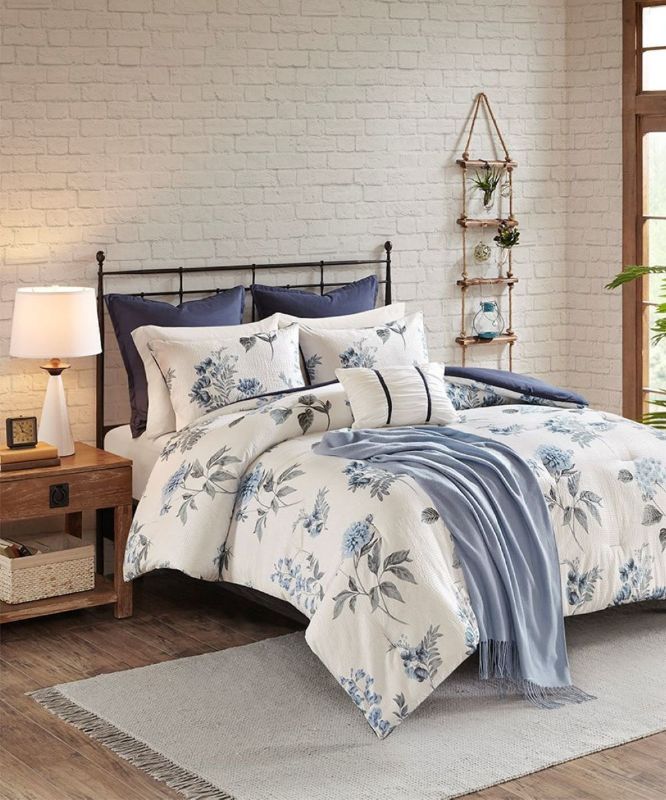 Photo 1 of Size FULL / QUEEN Home Essence Benita Seersucker Comforter Set 3 piece. Includes comforter and two shams. Update your bedroom aesthetic in farmhouse style with this comforter set that features a textured seersucker design and floral motif. Shams and a dec