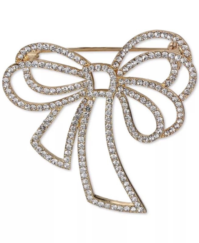 Photo 1 of CHARTER CLUB Gold-Tone Pavé Bow Pin, Created for Macy's. Lined with glistening pavé crystals, this bow-shaped pin by Charter Club brightens up your outfit. Set in gold-tone mixed metal; glass. Approx. dimensions: 2-1/8" x 2". Pin closure. Item comes packa