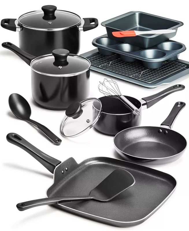 Photo 1 of 16 Pieces TOOLS OF THE TRADE Cookware & Bakeware Set, Created for Macy's! Set includes: 1-qt. saucepan with glass lid, - 3-qt. saucepan with glass lid - 5-qt. stockpot with glass lid, 8" open fry pan, - 9.5" square griddle, Cookie sheet, Cooling rack, Squ