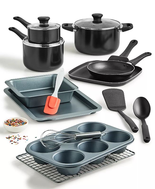 Photo 3 of 16 Pieces TOOLS OF THE TRADE Cookware & Bakeware Set, Created for Macy's! Set includes: 1-qt. saucepan with glass lid, - 3-qt. saucepan with glass lid - 5-qt. stockpot with glass lid, 8" open fry pan, - 9.5" square griddle, Cookie sheet, Cooling rack, Squ