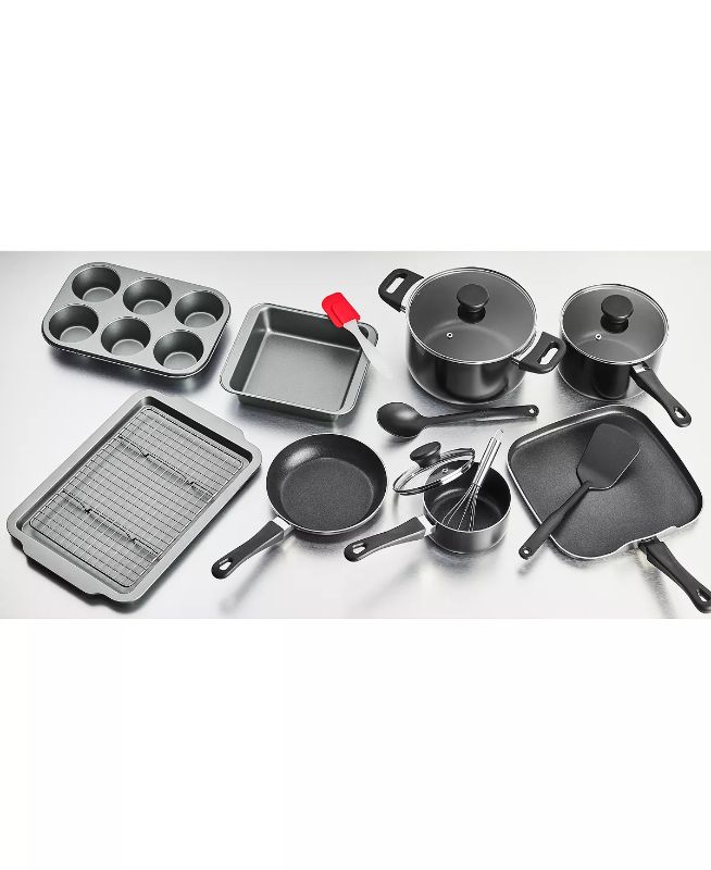 Photo 2 of 16 Pieces TOOLS OF THE TRADE Cookware & Bakeware Set, Created for Macy's! Set includes: 1-qt. saucepan with glass lid, - 3-qt. saucepan with glass lid - 5-qt. stockpot with glass lid, 8" open fry pan, - 9.5" square griddle, Cookie sheet, Cooling rack, Squ