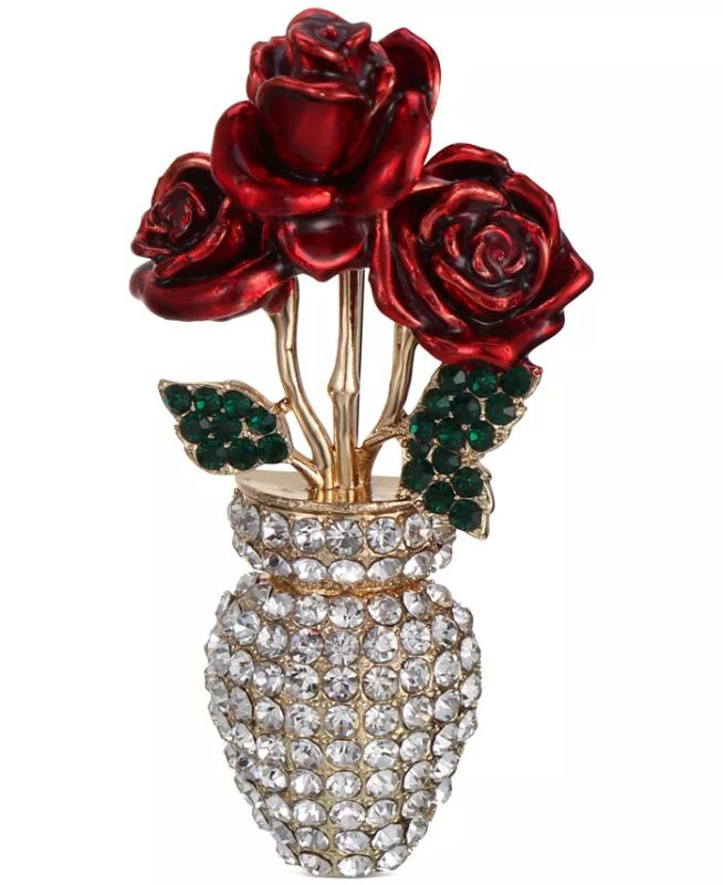 Photo 1 of Charter Club Gold-Tone Pave Rose Vase Pin, Created for Macy's. A trio of red roses sit within a pavé-encrusted vase to brighten your look from this Charter Club pin. Set in gold-tone mixed metal; glass; epoxy. Approx. dimensions: 2-1/2" x 1-1/4". Pin clos