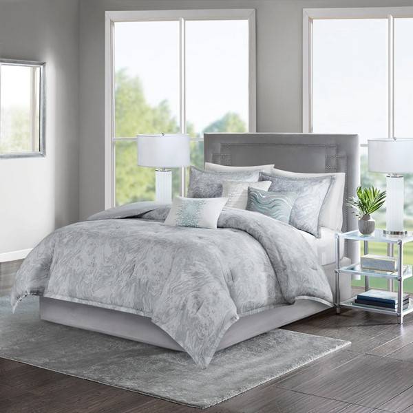 Photo 1 of SIZE CAL KING Madison Park -Cotton Sateen Comforter Set in Grey Bring a modern flair to the bedroom with the Madison Park Emory 7 Piece Cotton Sateen Comforter Set. Modern/Contemporary Life Style
Cotton sateen front - Printed, cotton/polyester crossweave 