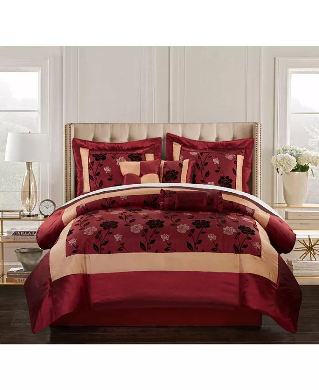 Photo 1 of SIZE CAL KING - The Angela 7- Piece Comforter Set comes in a beautiful burgundy color and is available in 4 sizes. The burgundy comforter set includes one comforter, three decorative pillows including a breakfast pillow - a bed skirt as well as two pillow