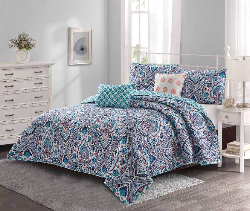Photo 1 of Harper Lane Merriam 5-Piece Blue Microfiber Full/Queen Quilt Set.  Accentuate any bedroom with this 5-piece Quilt Set. Featuring a stunning print and a subtle printed reverse. Constructed with a timeless quilt stitch. The 5-piece quilt set includes: (One)