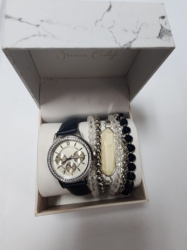 Photo 1 of Jessica Carlyle Women's Analog Embroidered Strap Watch with Stackable Bracelets Set. Gift box Included