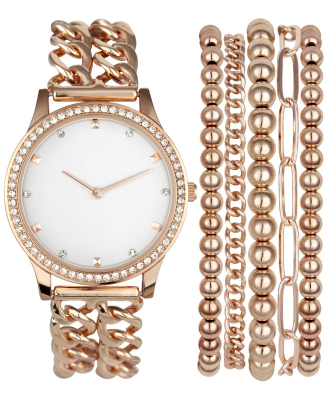 Photo 1 of INC International Concepts Women's Rose Gold-Tone Double-Row Link Bracelet Watch 36mm & 5-Pc. Bracelet Set, Created for Macy's. Gift box Included