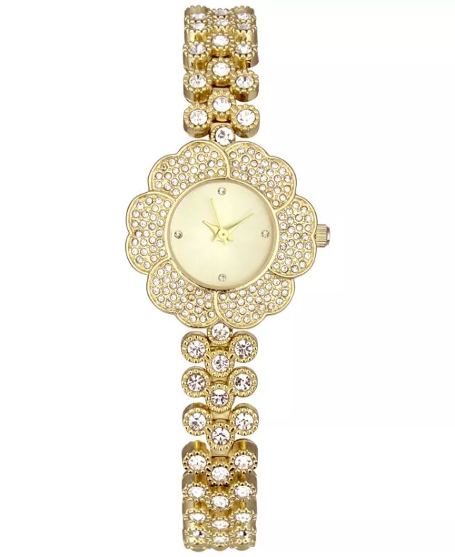 Photo 1 of CHARTER CLUB Women's Crystal Flower Gold-Tone Bracelet Watch 35mm. Pay homage to spring no matter the season with this pretty crystal-covered timepiece. Movement: three-hand quartz. Case: flower-shaped with crystals; 35mm. Strap: gold-tone bracelet with c