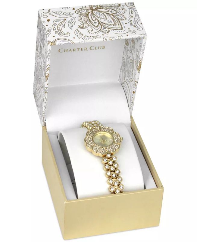 Photo 3 of CHARTER CLUB Women's Crystal Flower Gold-Tone Bracelet Watch 35mm. Pay homage to spring no matter the season with this pretty crystal-covered timepiece. Movement: three-hand quartz. Case: flower-shaped with crystals; 35mm. Strap: gold-tone bracelet with c