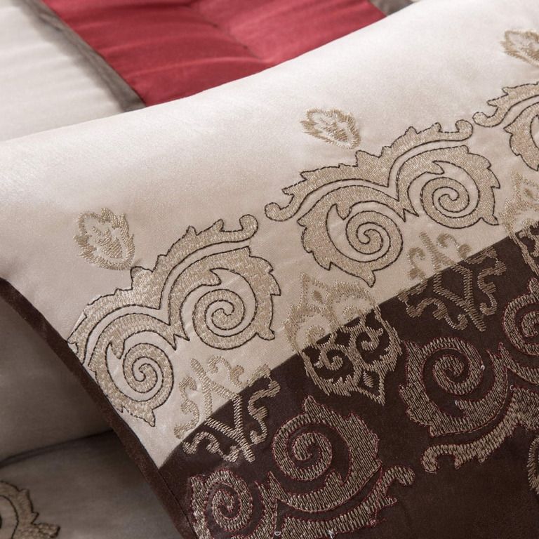 Photo 4 of Madison Park Comforter Faux Silk-Traditional Luxurious Jacquard Design All Season Set, Matching Bed Skirt, Decorative Pillows, King(104"x92"), Red 7 Piece King (104 in x 92 in) Donovan, Red. Includes one comforter, two matching shams, one bed skirt, and t