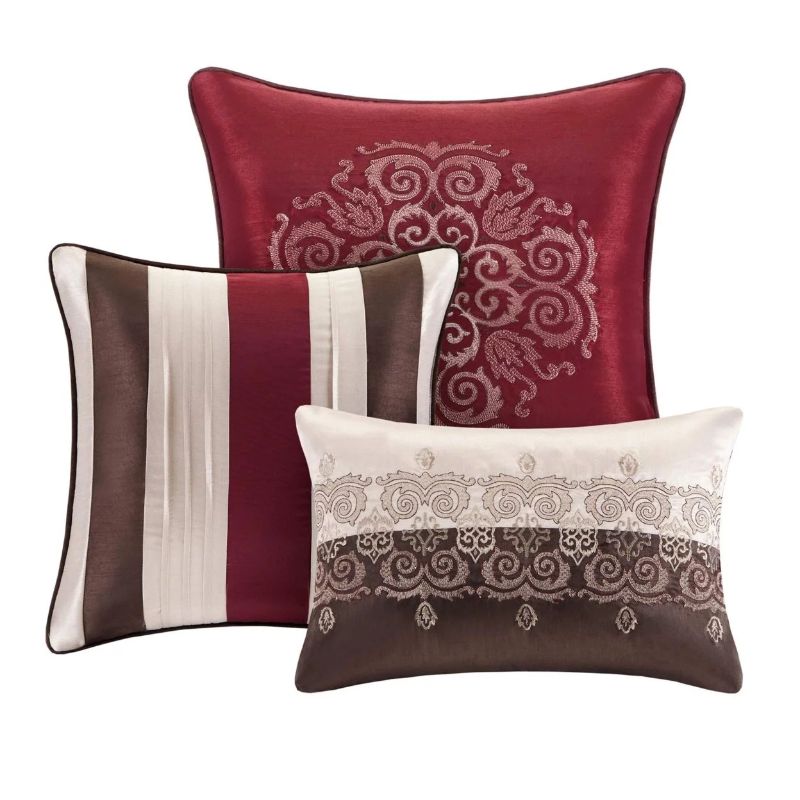 Photo 2 of Madison Park Comforter Faux Silk-Traditional Luxurious Jacquard Design All Season Set, Matching Bed Skirt, Decorative Pillows, King(104"x92"), Red 7 Piece King (104 in x 92 in) Donovan, Red. Includes one comforter, two matching shams, one bed skirt, and t