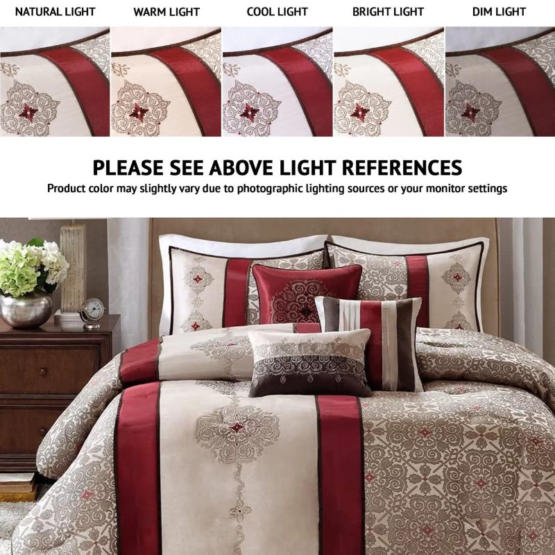 Photo 3 of Madison Park Comforter Faux Silk-Traditional Luxurious Jacquard Design All Season Set, Matching Bed Skirt, Decorative Pillows, King(104"x92"), Red 7 Piece King (104 in x 92 in) Donovan, Red. Includes one comforter, two matching shams, one bed skirt, and t