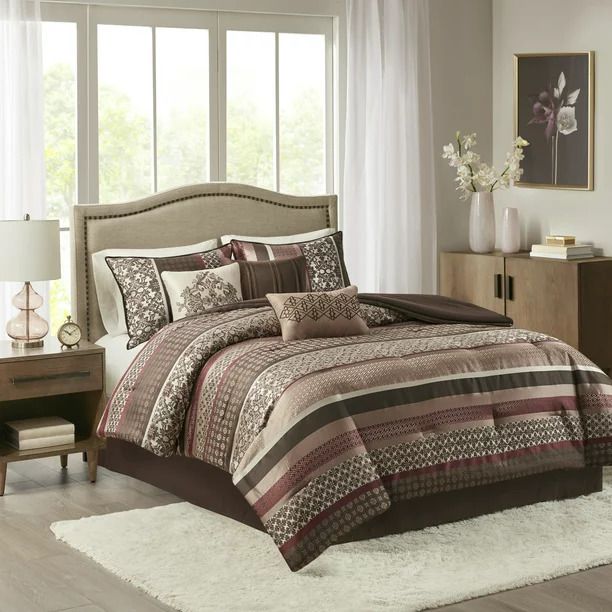 Photo 1 of QUEEN SIZE - Home Essence Cambridge 7 Piece Jacquard Comforter Set Red Queen. Update your bedroom with the sophisticated style of the Home Essence Cambridge 7 Piece Jacquard Comforter Set. A creative color combination with a pieced jacquard design is beau