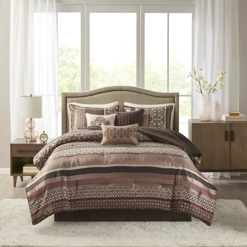 Photo 2 of QUEEN SIZE - Home Essence Cambridge 7 Piece Jacquard Comforter Set Red Queen. Update your bedroom with the sophisticated style of the Home Essence Cambridge 7 Piece Jacquard Comforter Set. A creative color combination with a pieced jacquard design is beau