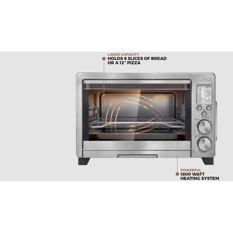 Photo 1 of CRUX 6-Slice Convection Toaster Oven with Adjustable Grill Rack & 60 Minute Timer. Dial controls A temperature range of 150-450
and the following additional functions: bake, bagel, convection, broil, keep warm. Additional features & accessories: and no ot