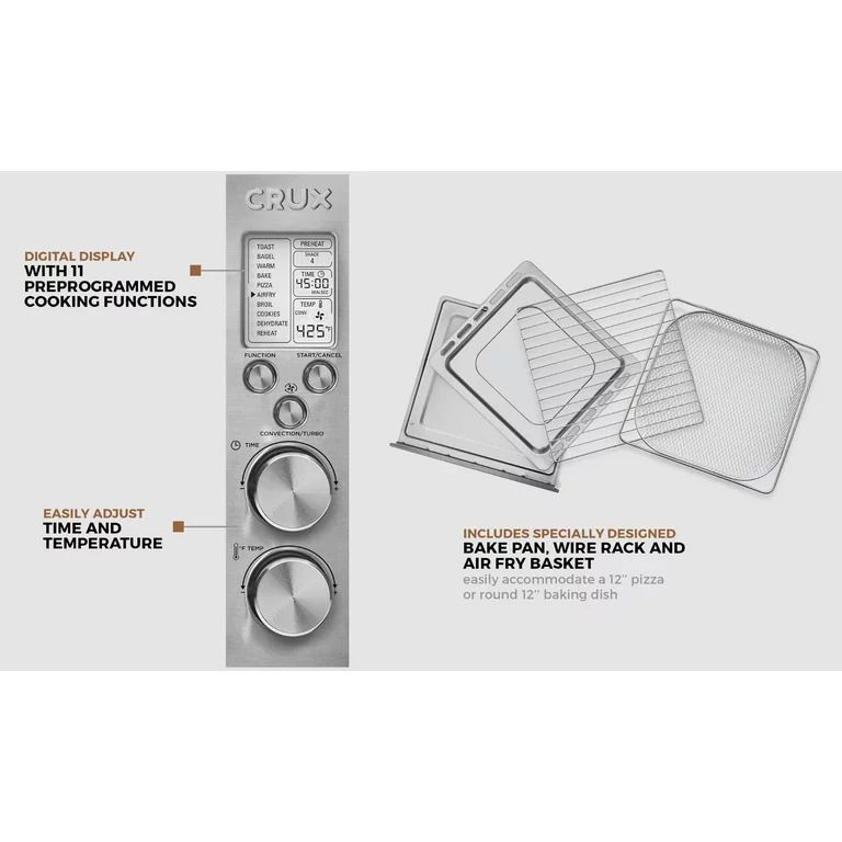 Photo 2 of CRUX 6-Slice Convection Toaster Oven with Adjustable Grill Rack & 60 Minute Timer. Dial controls A temperature range of 150-450
and the following additional functions: bake, bagel, convection, broil, keep warm. Additional features & accessories: and no ot