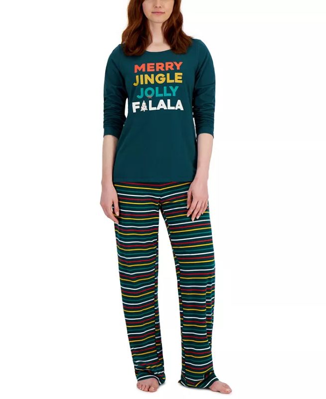 Photo 1 of SIZE MEDIUM - Matching Women's Merry Jingle Mix It Family Pajama Set, Created for Macy's. Fa la la la fun! This set from Family Pajamas creates a festive look with a graphic top with matching striped pants. Search 'Family Pajamas Merry Jingle' to see matc
