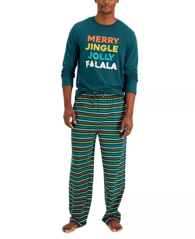 Photo 1 of SIZE SMALL - Matching Men's Merry Jingle Mix It Family Pajama Set, Created for Macy's. Fun colors and a festive print put him in a holiday mood in Family Pajamas' comfy, jersey long-sleeve top and striped pants set. Search 'Family Pajamas Merry Jingle' to