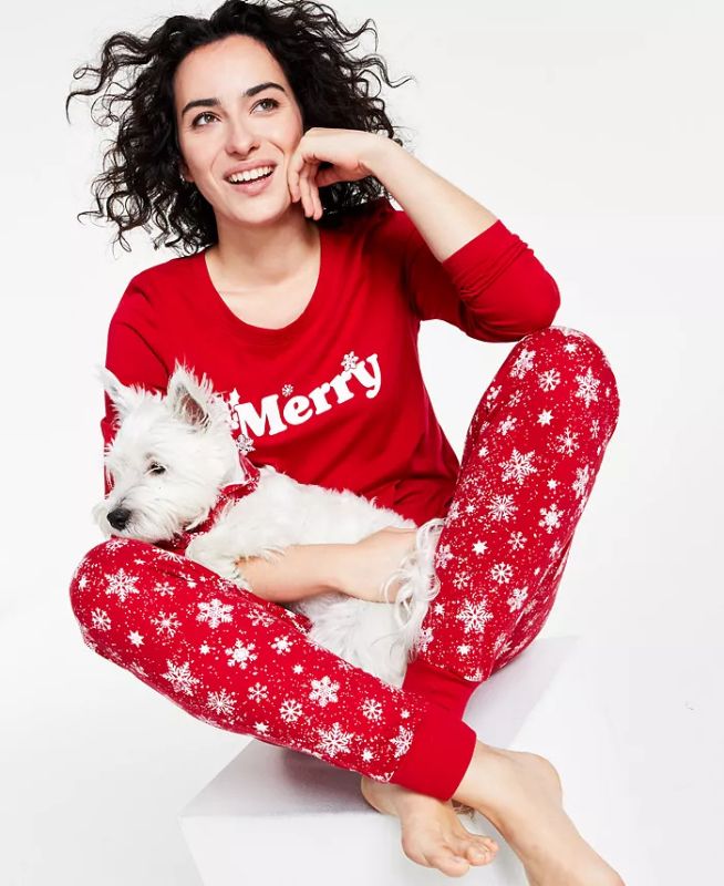 Photo 2 of SIZE SMALL - Matching Women's Merry Snowflake Mix It Family Pajama Set, Created for Macy's.  - Christmas - Holidays, Merry and bright. This Family Pajamas set pairs a graphic top with snowflake-print pants that give you a vibrant, festive look. Top: hits 