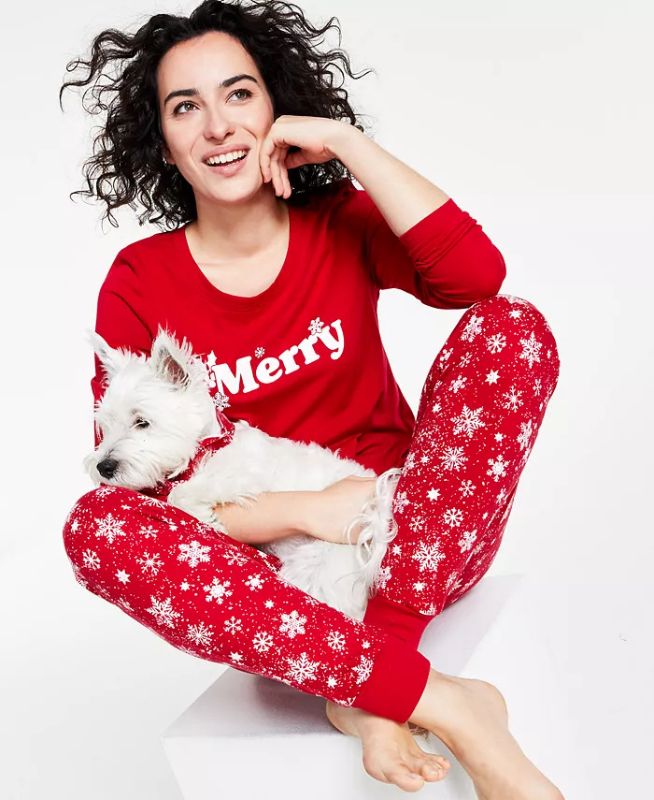 Photo 2 of SIZE SMALL - Matching Women's Merry Snowflake Mix It Family Pajama Set, Created for Macy's. Merry and bright. This Family Pajamas set pairs a graphic top with snowflake-print pants that give you a vibrant, festive look. Top: hits at hip, jersey fabric, gr