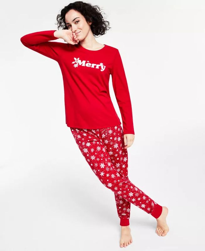 Photo 1 of SIZE SMALL - Matching Women's Merry Snowflake Mix It Family Pajama Set, Created for Macy's. Merry and bright. This Family Pajamas set pairs a graphic top with snowflake-print pants that give you a vibrant, festive look. Top: hits at hip, jersey fabric, gr