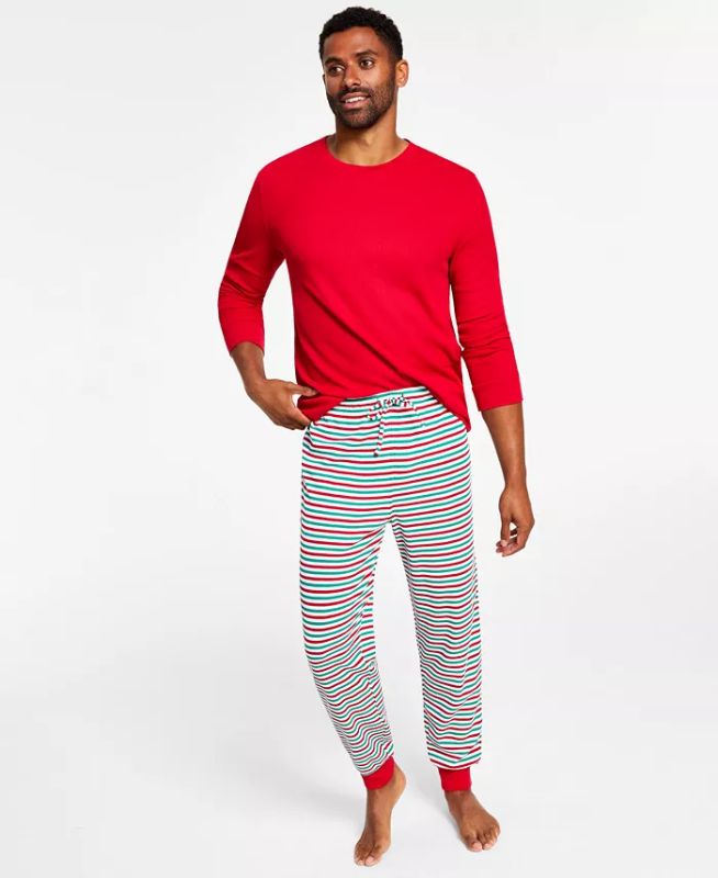 Photo 1 of SIZE SMALL - Matching Men's Thermal Waffle Holiday Stripe Mix It Pajama Set, Created for Macy's. Holiday stripes bring festive fun to his pajama game in this supersoft thermal set from Family Pajamas. Texture: Thermal Waffle fabric. Top: hits at hip; waff