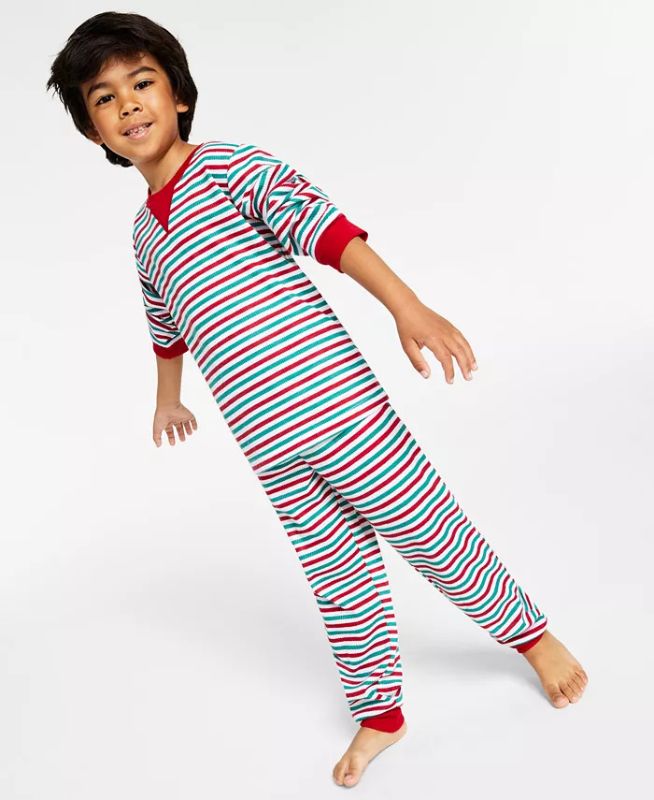 Photo 1 of SIZE XL(14/16) Matching Kid's Thermal Waffle Holiday Stripe Pajama Set, Created for Macy's. Keep the family in matching festive coziness with this supersoft, striped, thermal set from Family Pajamas. Texture: Thermal Waffle fabric. Top: crewneck; pullover