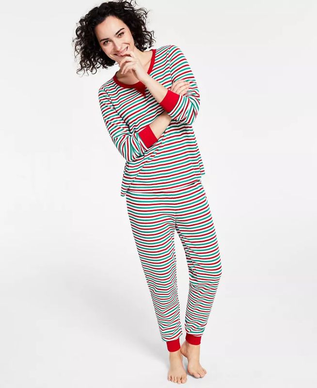 Photo 1 of SIZE MEDIUM - Matching Women's Thermal Waffle Holiday Stripe Pajama Set, Created for Macy's. Get festive in this fun set from Family Pajamas, a super-soft top and matching bottoms in cozy waffle knit with vibrant stripes. Texture: Thermal Waffle fabric. T