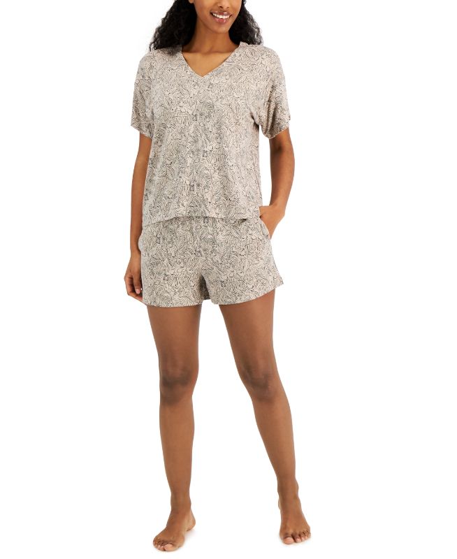 Photo 1 of SIZE SMALL - Alfani V-Neck & Shorts 2-Pc. Set, Created for Macy's - Tiger Sheepskin. Alfani knows loungewear! This super-soft two piece set includes a loose-fitting V-neck shirt with matching shorts, and makes a great option for pajamas. Top: hits at hip;