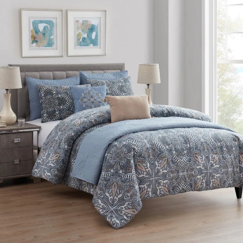 Photo 1 of SIZE KING - Valore 8-Pc. Quilted Coverlet & Comforter Set, King. Add a touch of elegance to your bedroom with the Valore Blue Medallion Coordinating Comforter and Quilt Set This 8-piece set includes two complete bed sets in one, 8-piece comforter and quil