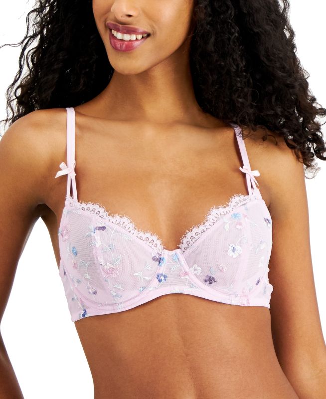 Photo 1 of SIZE MEDIUM - INC International Concepts Women's Lily Underwire Bra, Created for Macy's. Pretty embroidery, stunning lace and romantic style are all wrapped up with little bows on this mesh bra from INC. Coverage: Moderate coverage. Support Level: Underwi