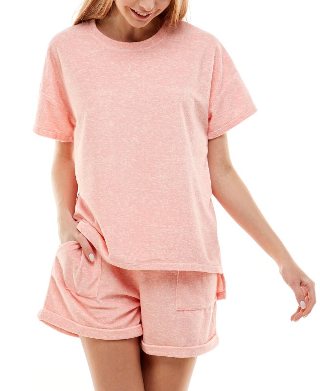 Photo 1 of SIZE LARGE - ROUDELAIN Soft Terry Cloth T-Shirt & Shorts Set. Roudelain keeps you in all-night comfort with this comfy drop-shoulder T-shirt and matching shorts set. Top: hits just below hip; high-low hem; crewneck; pullover styling; short sleeves. Bottom