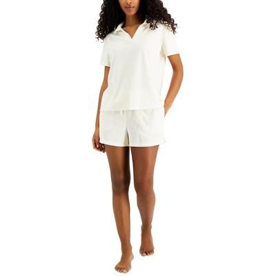 Photo 1 of SIZE XLARGE - Alfani Women's Terry Cloth 2-Pc. Shorts Set, Created for Macy's. Get ready to relax in this comfy-cozy, terry cloth two-piece shorts set from Alfani. A perfect choice for lounging or sleeping. Top: hits at hip; terry cloth fabric; V-neckline