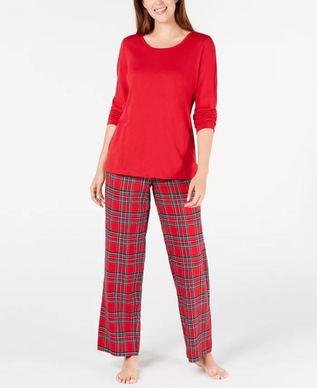 Photo 1 of SIZE MEDIUM - Matching Women's Mix It Brinkley Plaid Family Pajama Set, Created for Macy's. Comfy and classic, Family Pajamas' timeless pajama set features a solid-hue pajama top and coordinating plaid pants. Search 'Family Pajamas Brinkley Plaid' to see 