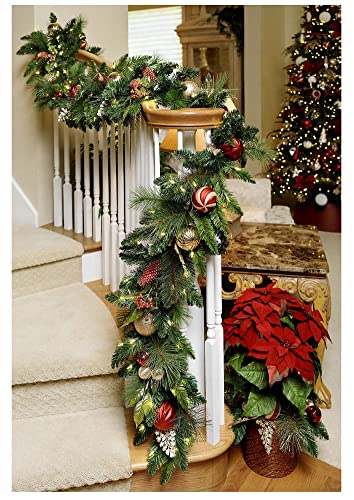 Photo 1 of 9FT Pre-Lit with 90 LED Lights Decorated Artificial Garland - Red and Gold. 9-ft Pre-Lit Garland lit with 90 individual LED lights. Mix of red and gold ornaments. Snow-dusted pinecones. Approximate dimensions: 9’ (L) x 16” (W) x 7” (H). For indoor and she