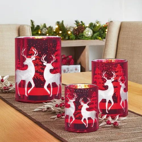 Photo 1 of KIRKLAND GLASS CANDLE HOLDERS RED WITH WHITE DEER 3 DIFFERENT SIZES