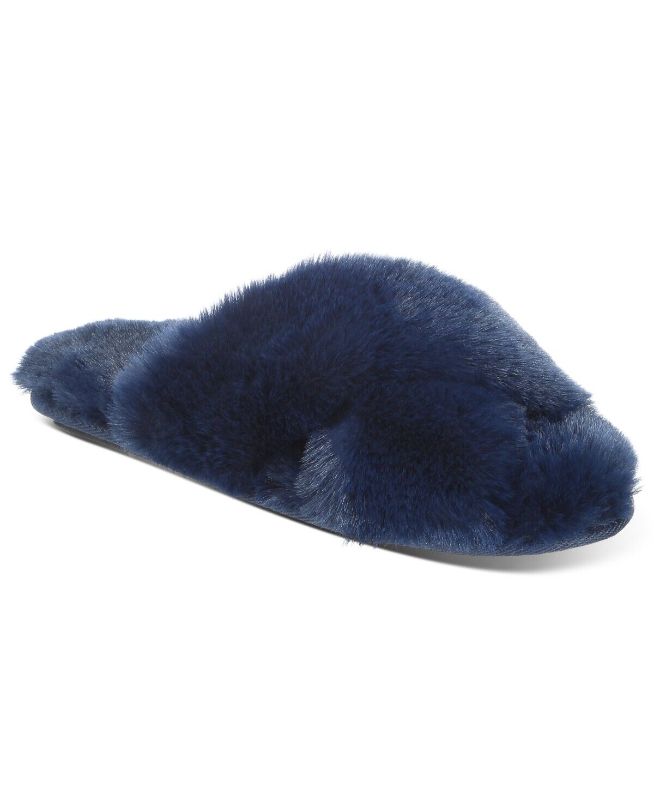 Photo 1 of SIZE M (7-8) Jenni Women's Crisscross Faux Fur Slide Boxed Slippers Blue 