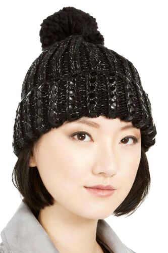 Photo 1 of DKNY Women's Black Silver Flat-Stud Metallic Rib-Knit Chunky Hat, One Size