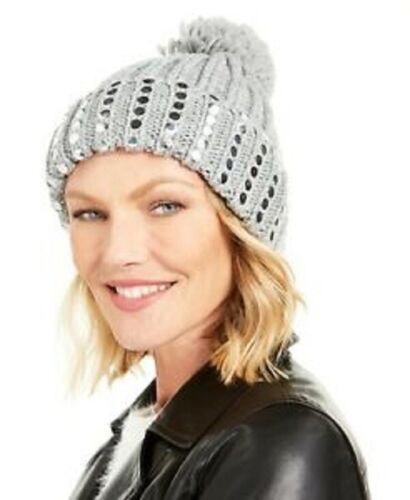 Photo 1 of DKNY Women's Flat-Stud Accents Metallic Silver Gray Chunky Rib-Knit Pom Beanie