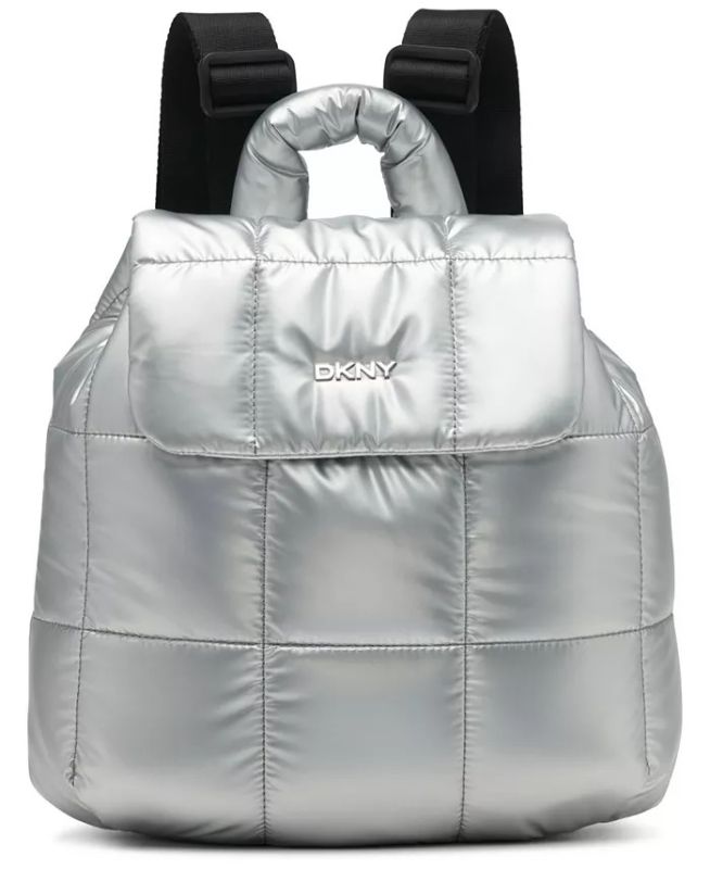 Photo 1 of DKNY Women's Giania Backpack Silver
12" L x 11" H x 5" W, .5 lb
Zipper closure
15" strap drop
1 interior slip pocket & 1 zip pocket
Logo on front, Silver-tone hardware
Nylon