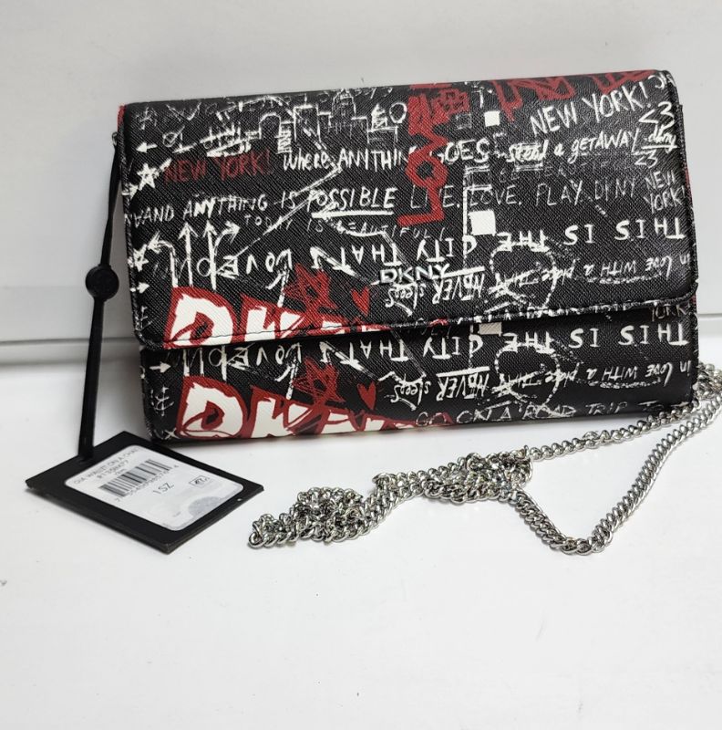 Photo 1 of DKNY Gia Small Flap Over Crossbody Bag Graffiti Wallet on a Chain Purse