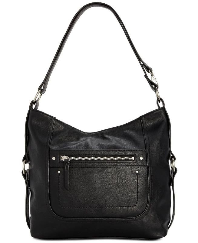 Photo 1 of Inc International Concepts Black Riverton Hobo/ Bag
Medium sized bag; 13-1/2"W x 11-1/2"H x 4"D 
11" to 21-1/2"L adjustable strap
Zip closure
Silver-tone exterior hardware, varies by color; 1 front zip pocket, 1 snap pocket
1 interior zip pocket, 2 slip p