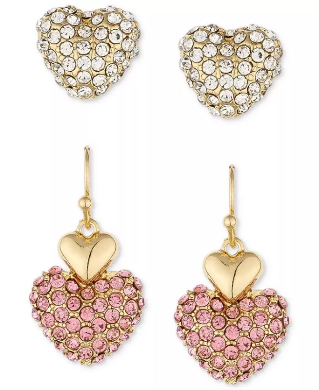 Photo 1 of HOLIDAY LANE Gold-Tone 2-Pc. Set Pavé Heart Stud & Drop Earrings, Created for Macy's