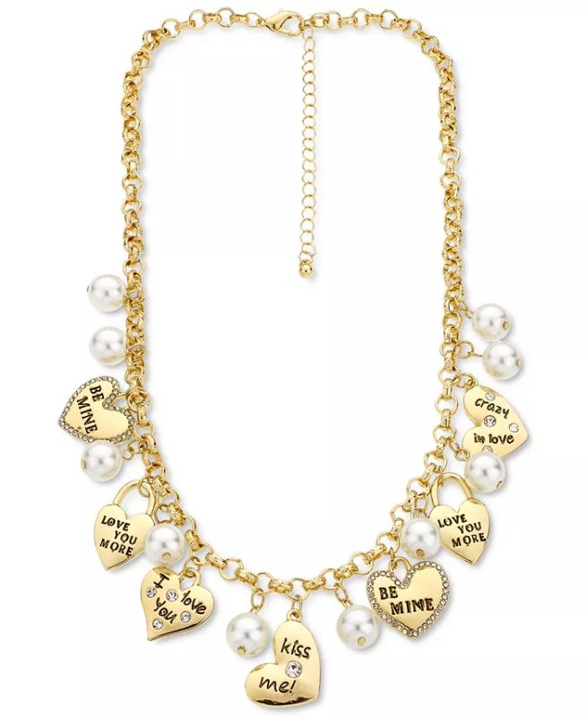 Photo 1 of VALENTINE DAY  Gold-Tone Pavé Valentine Heart & Imitation Pearl Statement Necklace, 18" + 3" extender, Created for Macy's