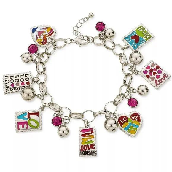 Photo 1 of VALENTINE DAY  Silver-Tone Crystal & Bead Love Stamp Charm Bracelet