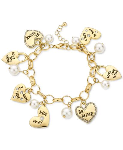 Photo 1 of Valentine's Day Gold Tone Pavé Valentine Heart & Imitation Pearl Charm Bracelet