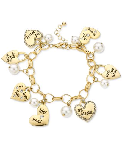 Photo 1 of Holiday Lane Gold Tone Pavé Valentine Heart & Imitation Pearl Charm Bracelet