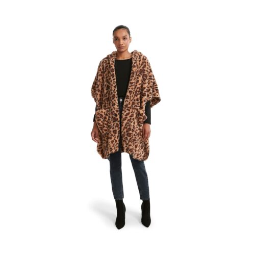 Photo 1 of Steve Madden Women's Sherpa Open Front Hooded Poncho W/Pockets One Size Leo